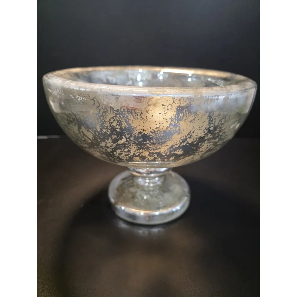 Pottery Barn Mercury Glass Candy Bowl Pedestal Footed Compote Dish Silver New